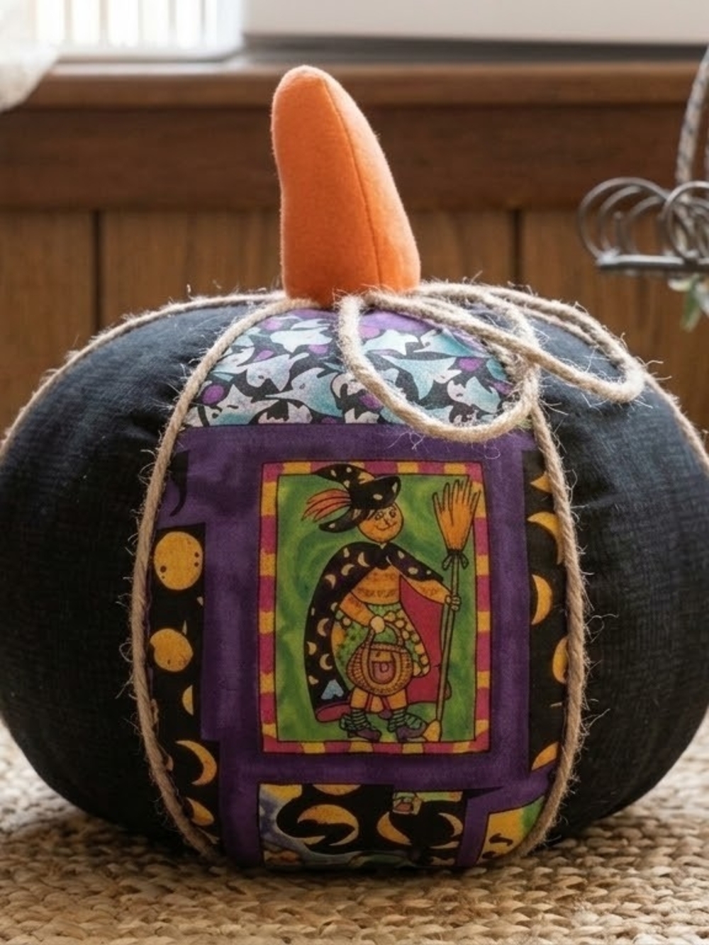 Hand-Sewn Fabric Halloween Pumpkin Decor Witch Pattern & Jute Accent Piece